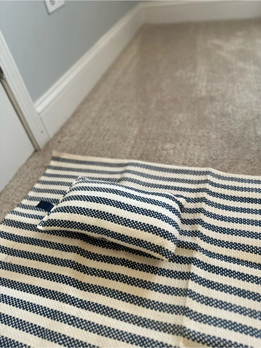 Striped Navy and Cream Straw Beach blanket with Pillow